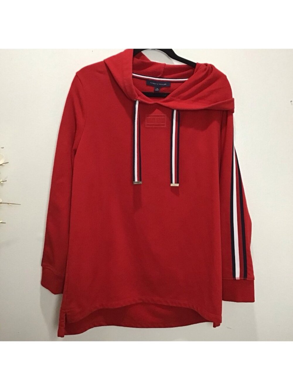 Tommy Hilfiger Women’s XL Red Hooded Sweatshirt Tunic Logo Stripe Sleeves